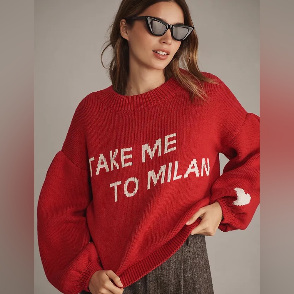 Anthropologie Red Crew Neck Sweater Vibrant Knit